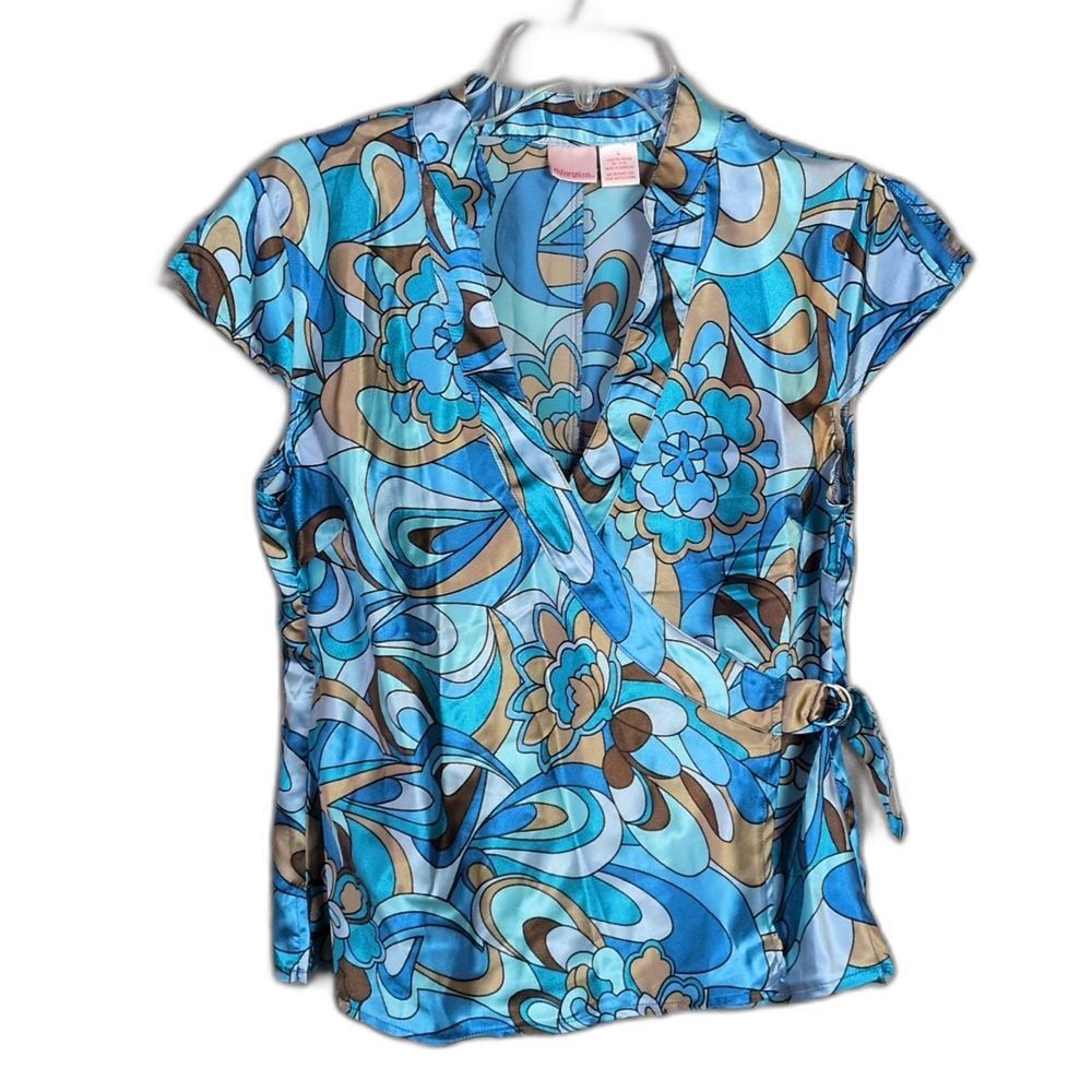 Xhilaration Blue Satin Funky Wrap Top Split Cap Sleeve Juniors L Y2K